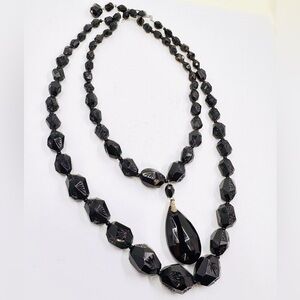 Vintage Stamped GERMANY Black Etched Beaded Double Strand Necklace 18-20”